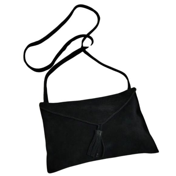 Black Suede Crossbody Envelope Handbag Tassel Magnetic Closure Fold OverTop - Picture 1 of 9